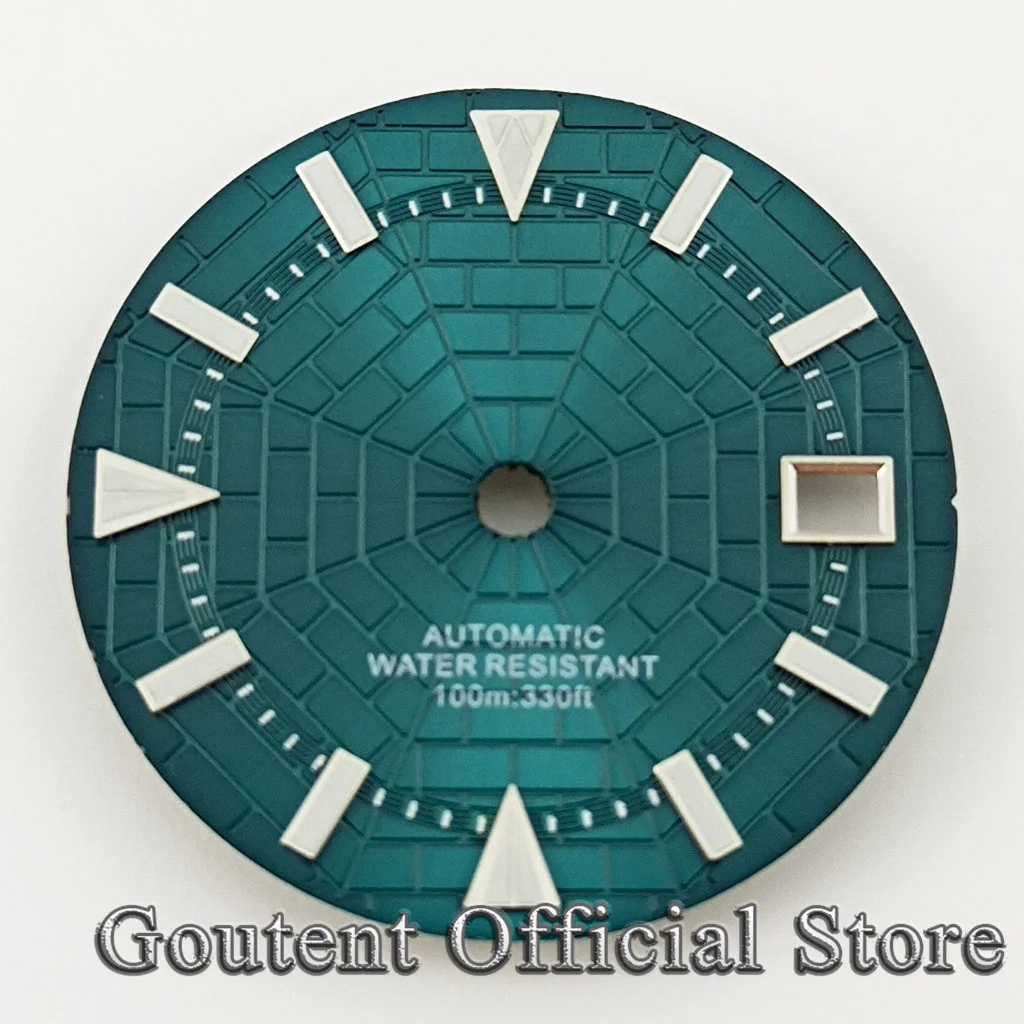 

Goutent 29 мм новые стерильные часы с циферблатом зеленые светящиеся часы NH35 NH35A механизм подходит для 3 часов короны 3,8 часов Корона