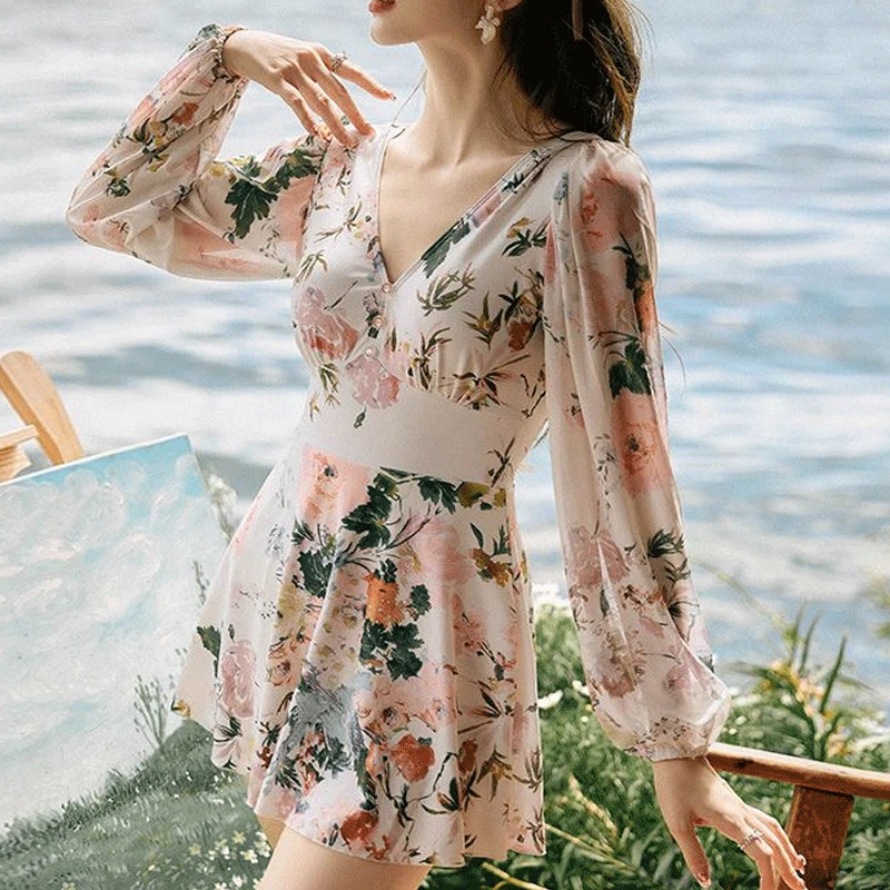 

New Conjoined Body Swimwear Women's Long Sleeve Floral Casual With Chest Pad Without Steel Support Backless Hollow Out Ruffles