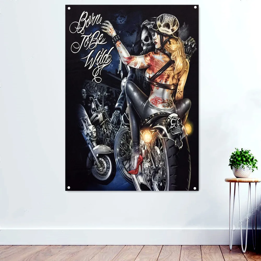 

Скелет Райдер и сексуальная девушка смерти искусство баннер настенная живопись Татуировка Chicano Искусство Плакат висячий флаг Настенная На...