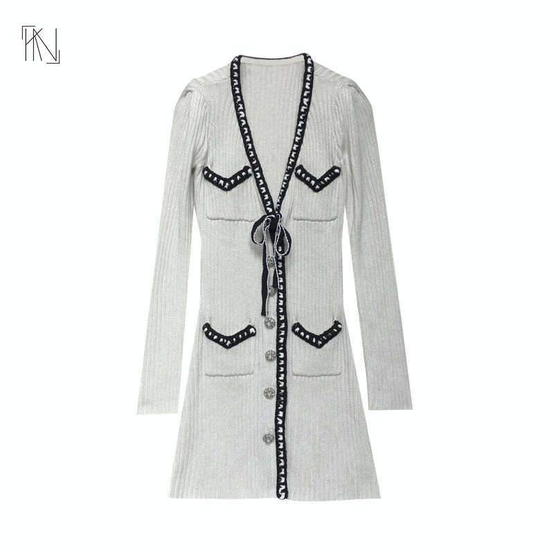 

V-neck Bow Shoulder Pad Wool Knitted Dress for Women 2022 Winter New Commuter Single Breasted Long Sleeve A-line Skirt
