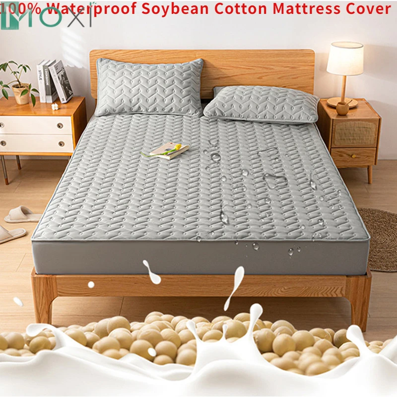 

100% Waterproof Cotton Quilted Mattress Protector Solid Color Anti Mite Queen King Size Fitted Bed Cover Elastic Band Sheets 1Pc