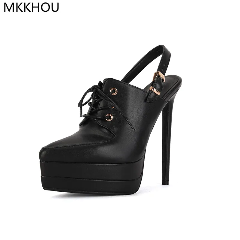 

MKKHOU Fashion Pumps New High Quality Leather Pointed Toe Lace Up Platform Shoes Open Heel Stiletto 14cm High Heel Women Shoes