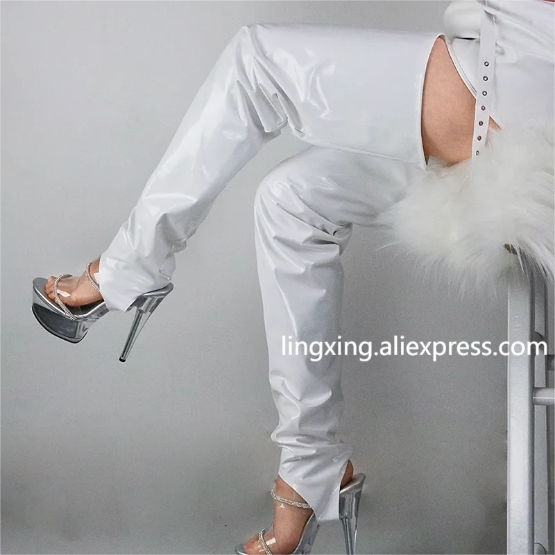 Черные с открытым носком сексуальные длинные кожаные чулки женские высокие