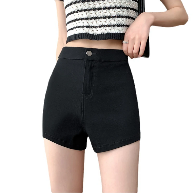 Single Buckle Three-point Women Shorts Fashion High Elasticity 2023 Summer Black High Waist Outside Wear Hot Pants Spice Girls