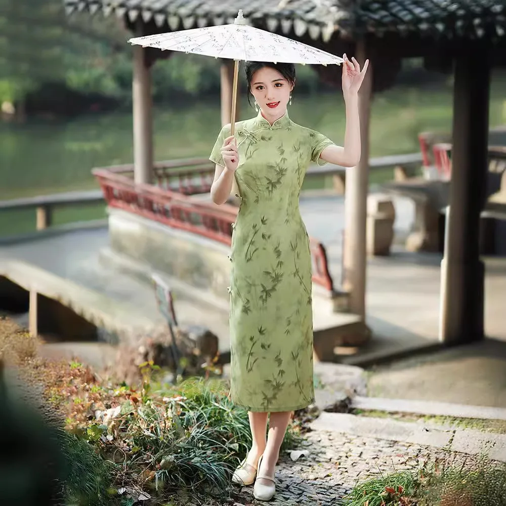 Женское винтажное платье-Ципао средней длины зеленое платье в китайском стиле с