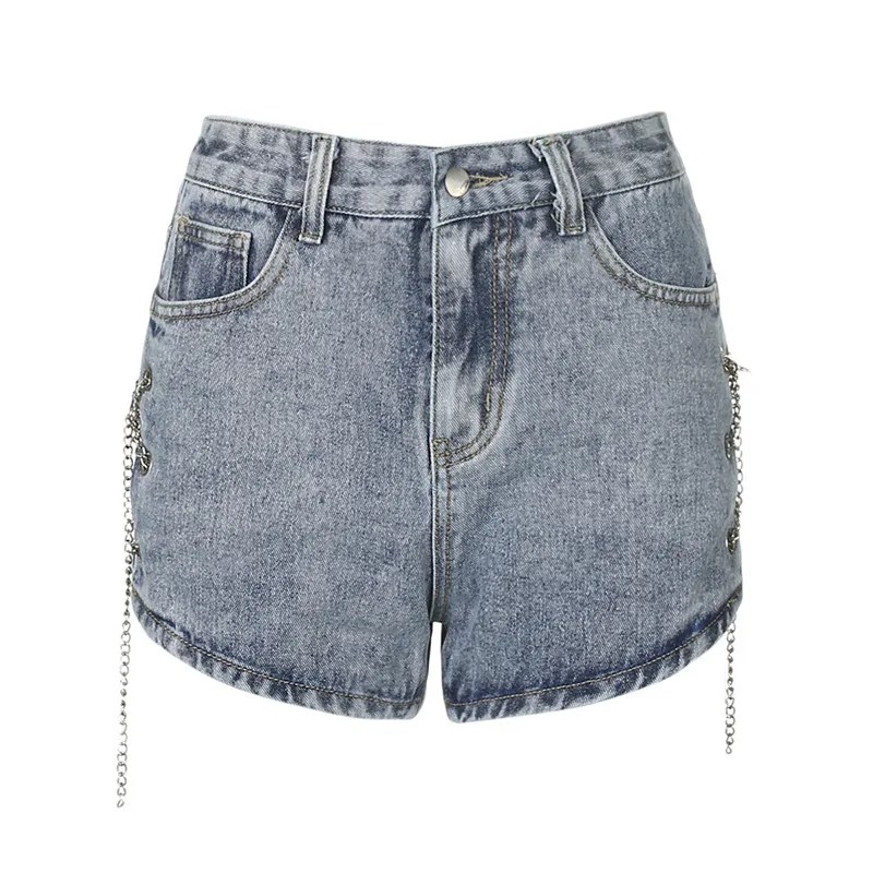 Harajuku Denim Shorts with Chain Summer Women Sexy Solid Colors High Waist Straight Shorts Y2k Streetwear Buckle Wear Slim Split