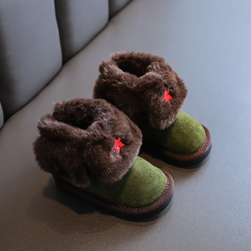 Winter Fashion Baby Snow Boots Green Color Retro Baby Cotton-padded Shoes for 1-3 Years Old Boys Girls First Walkers