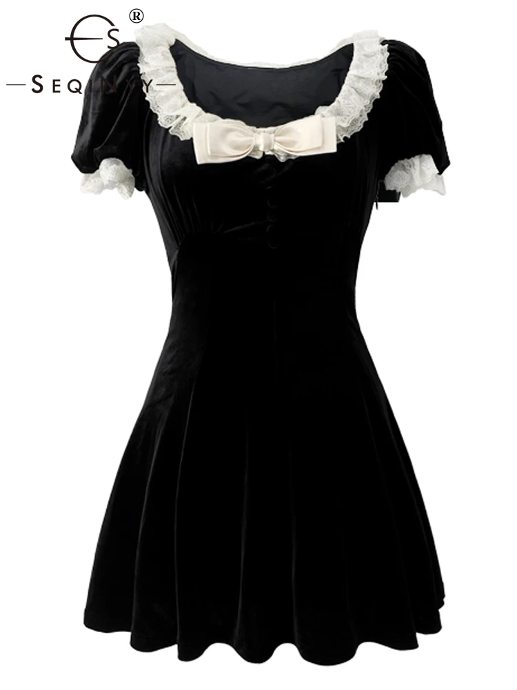 

Женское мини-платье с кружевом SEQINYY, черное платье с пышными рукавами, повседневное бархатное платье для подиума в стиле High Street, весна-лето
