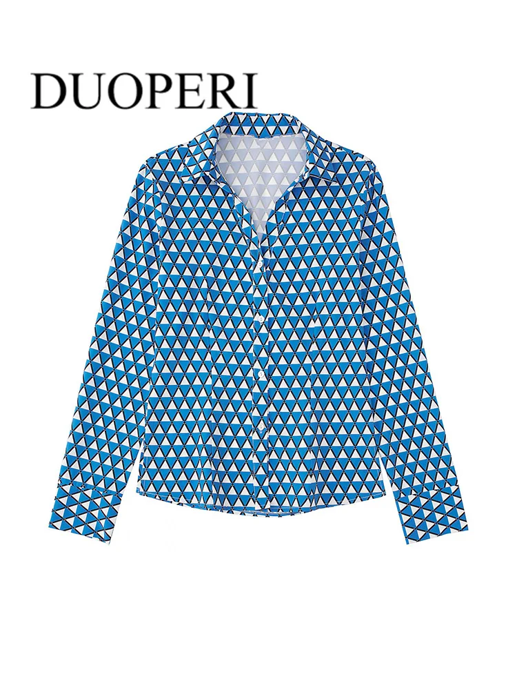

DUOPERI Women Fashion Geometry Print Blouses Vintage Long Sleeve Singlle Breasted Female Shirts Outfits Chic Tops