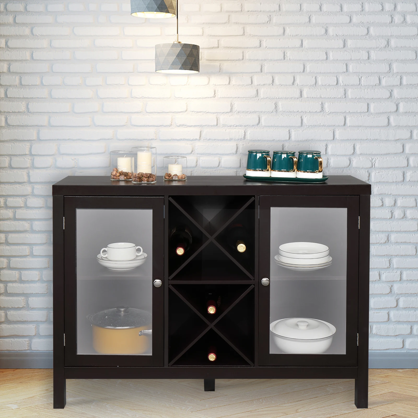 

FCH Transparent Double Door with X-shaped Wine Rack Sideboard Entrance Cabinet Brown[US-Stock]