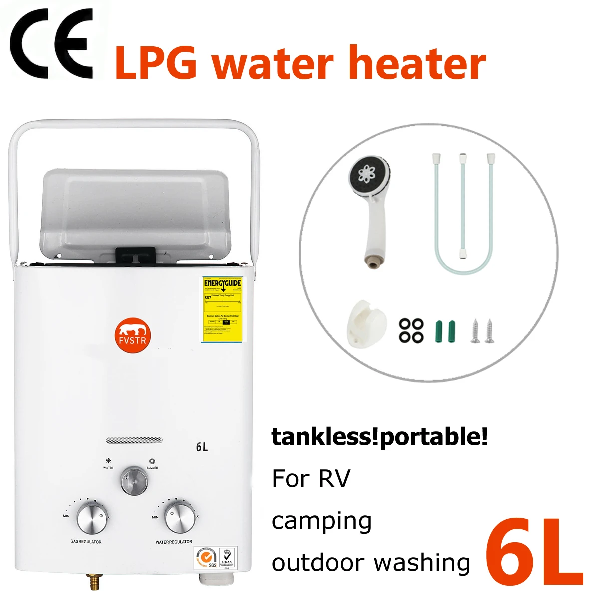 6L LPG Tankless on Demand Gas Water Heater  Boiler Instant Propane Electric Portable Outdoor Camping for Camper or RV Shower