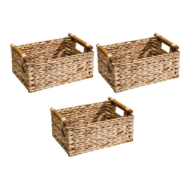 

3X Wicker Basket Rectangular With Wooden Handles For Shelves Hyacinth Basket Storage,Natural Baskets For Organizing