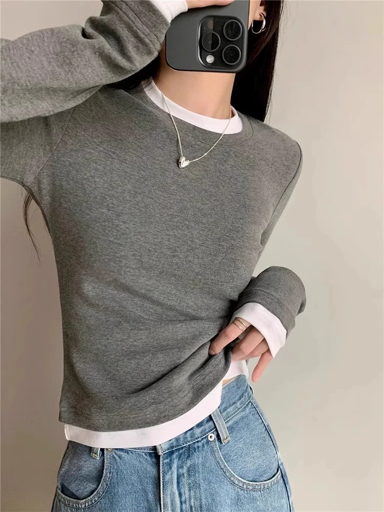 Корейская рубашка с круглым вырезом контрастного цвета искусственный