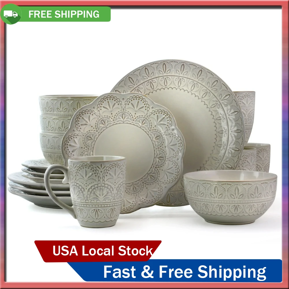 

White Lace 16 Piece Round Scallop Stoneware Dinnerware Set In White