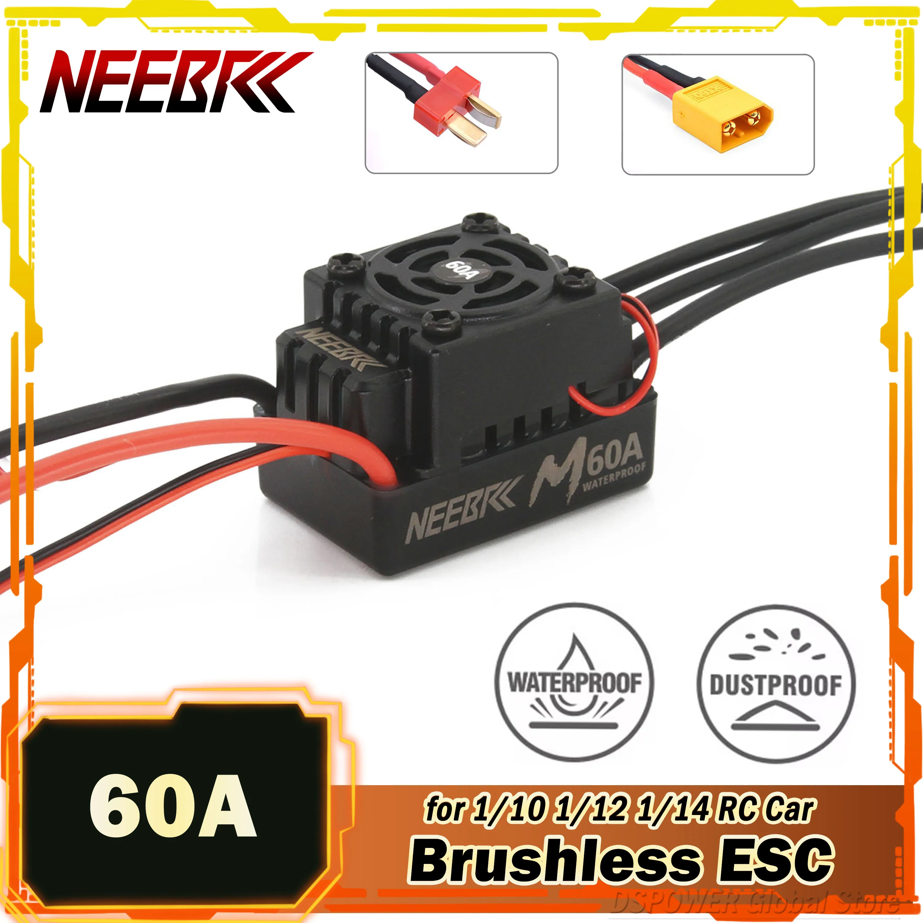 NEEBRC 60A бесщеточный ESC водонепроницаемый 2-3S программа T/XT60 для 1/10 1/12 1/14 RC On/Off-road