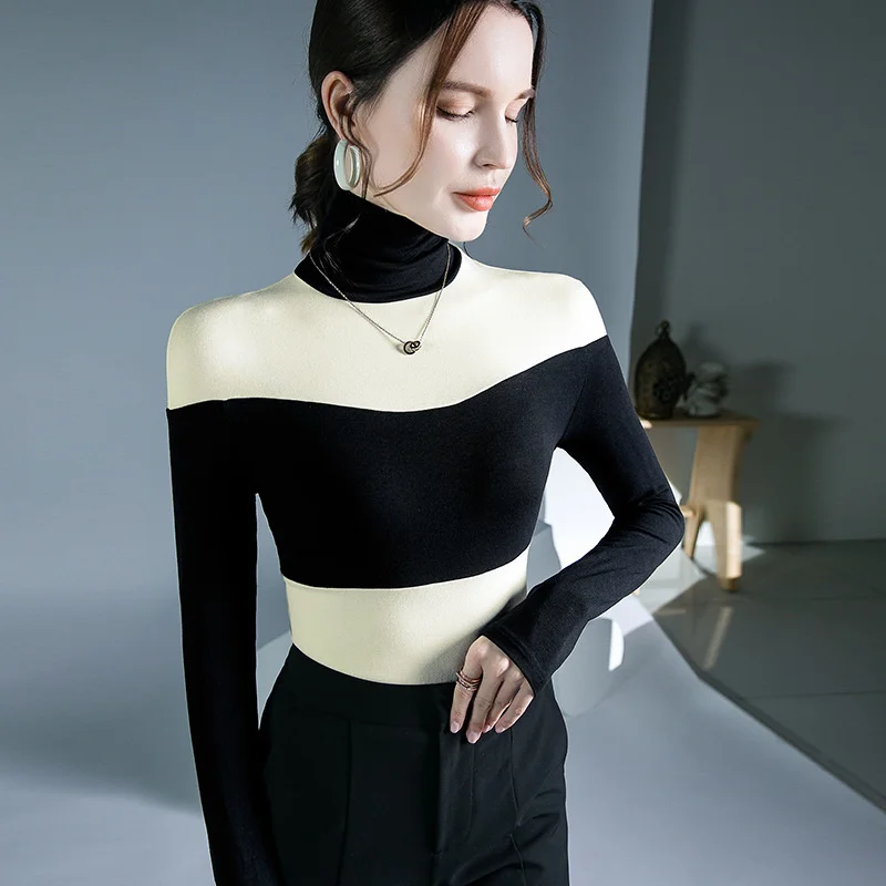 

#6645 Black White Basic Top Tees Female Autumn Winter Slim Sexy T-shirts Ladies Women Tight Skinny Elegant Office Bottom Shirt