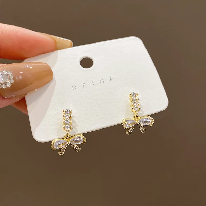 

Korean Style Light Luxury Bow Earrings Female Ins High-grade Zircon Earrings Dangle Earrings Female Accessories