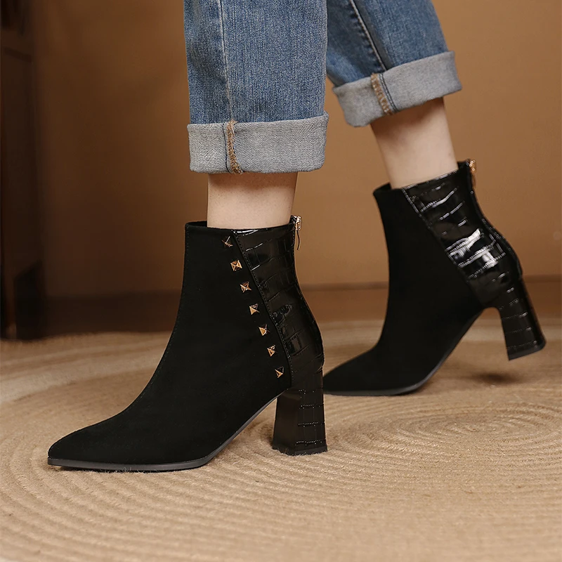 Free Shipping women's low boots booties stone PU and Suede PU buckles covered square chunky heels and back zipper spring booties