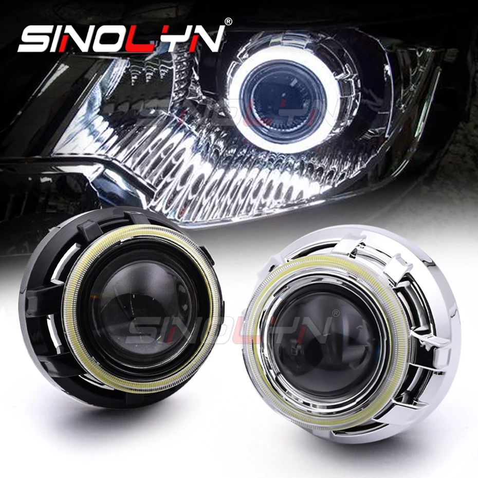 Фото Проекционные линзы Sinolyn 3 дюйма COB Angel Eyes Bi-Xenon для фар H7 H4, кольцевые фары Halo, автомобильные аксессуары, улучшение освещения №1
