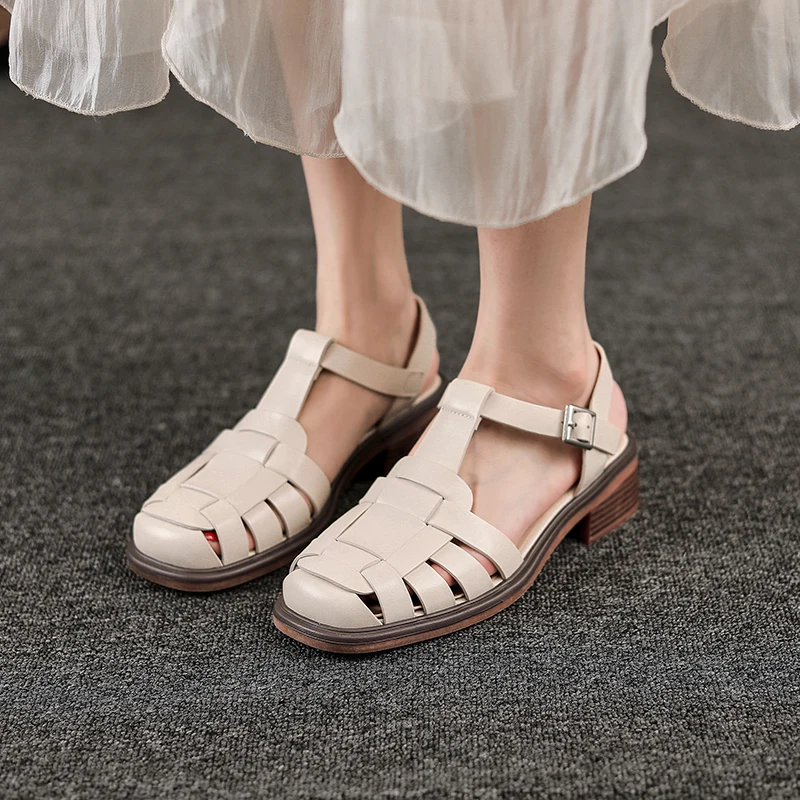 

2022 new summer Women's sandals natural leather 22-24.5cm cowhide upper full leather Braided T-buckle Ankle buckle Roman shoes