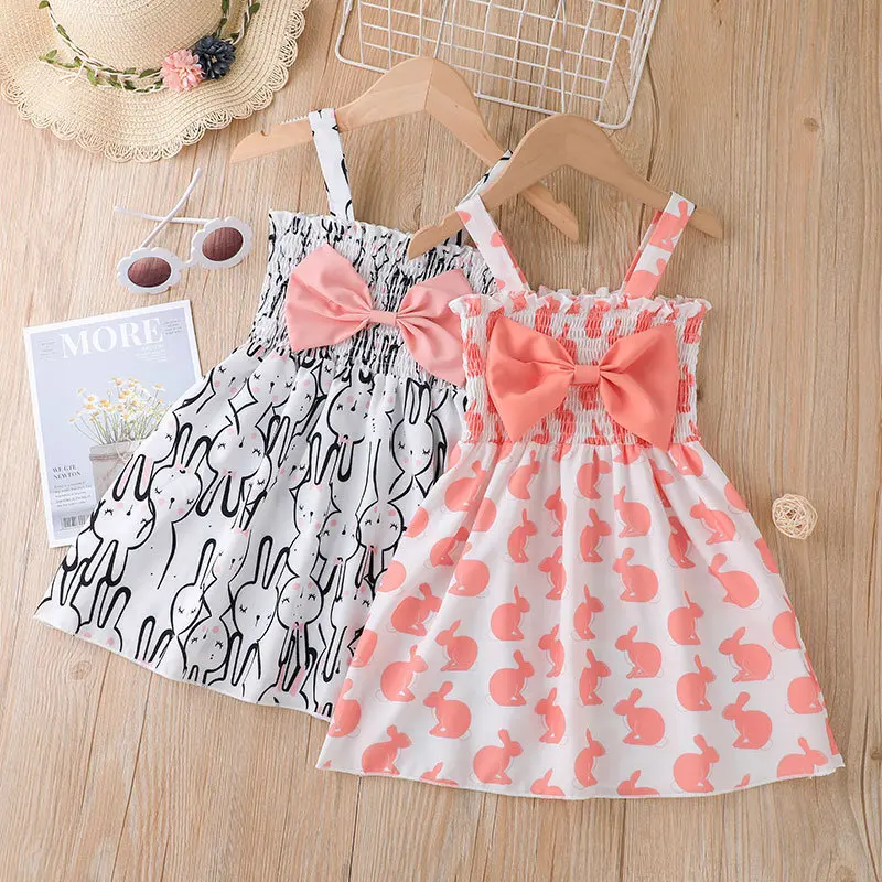 

Summer 2022 New Arrivals Girls Strap Ruched Print Rabbit Pink Black Cute Designer Elegant Evening Party Girl Dress 18M-6T