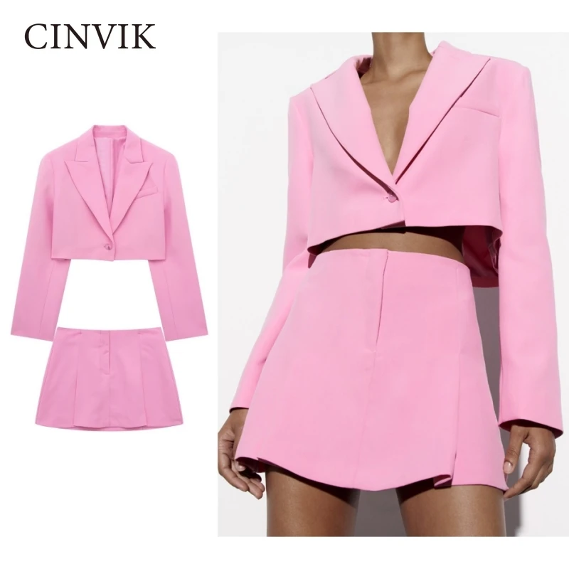 

Women Suits Blazer Outfits Elegant Loose Suit Pleated Mini Dress Pink Jacket Slim Skirt Set Casual Clothes Fashion Sets New Wear