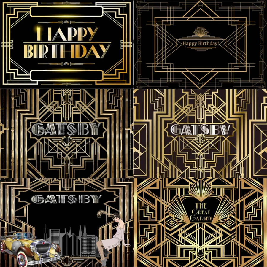 

Photography Backdrop Great Gatsby Theme 1920S Black Golden Line Customize Birthday Party Decor Background Banner