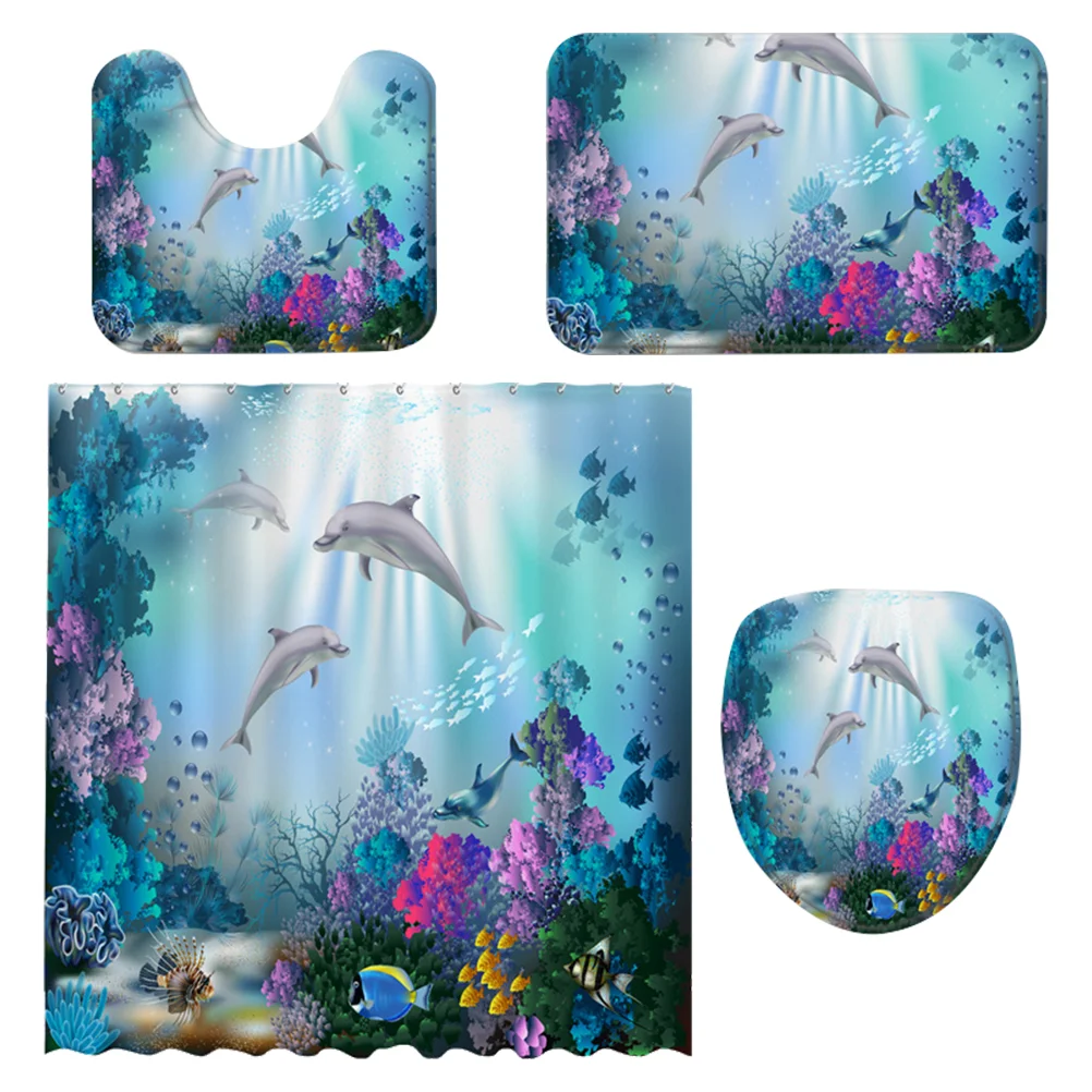 

1 Set of Ocean Animal Decorative Bath Curtain Bathroom Mat Toilet Cover