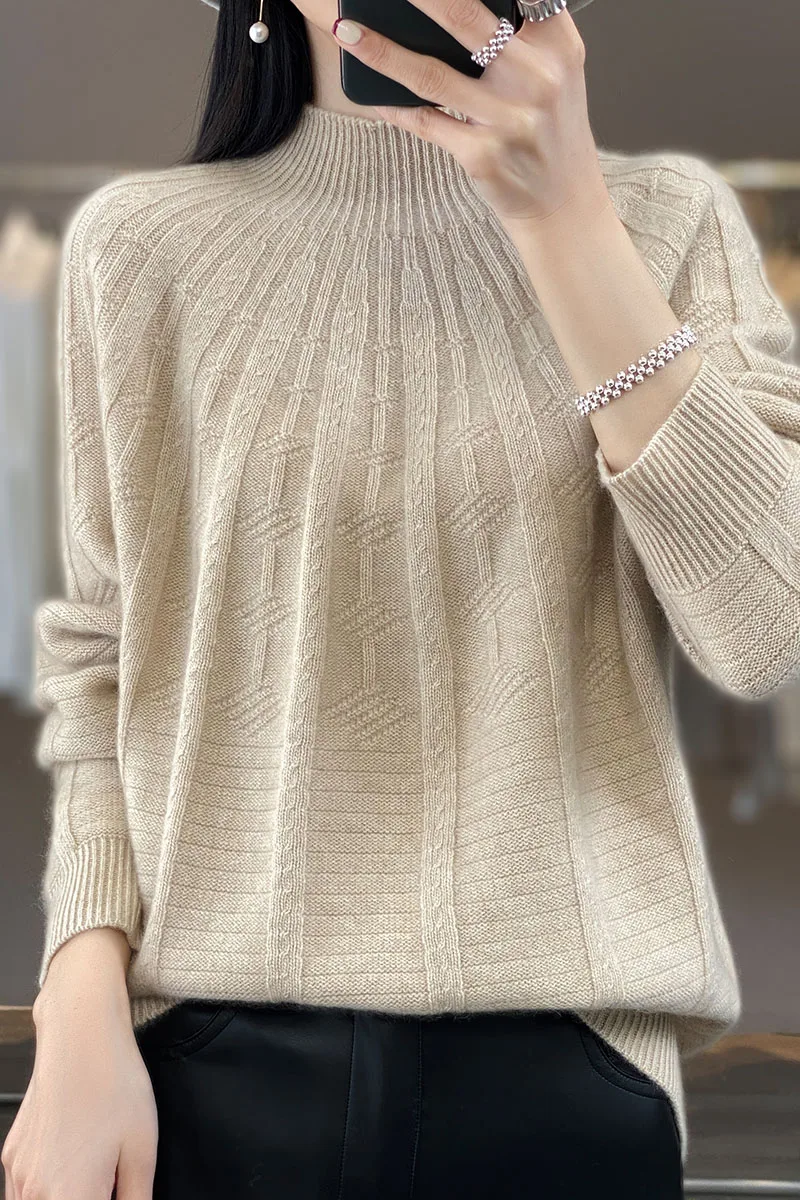 Women's Cashmere Pullover Autumn/Winter 100% Wool Sweater Casual Knitted Thick Half High Collar Ladies Tops Loose Fashion Blouse