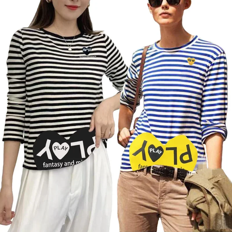 

Women T-shirt Stripe Long Sleeve Heart Letter Embroidery Bottom Half Heart Printing Cotton O-Neck Spring Autumn Fit T-Shirt