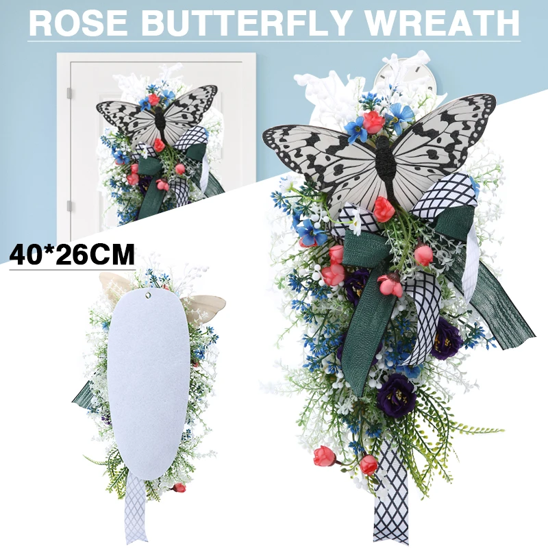 

Artificial Rose Butterfly Wreath Colorful Simulated Flowers Front Door Wall Hanging Garland Art Decoration For Home Living Room