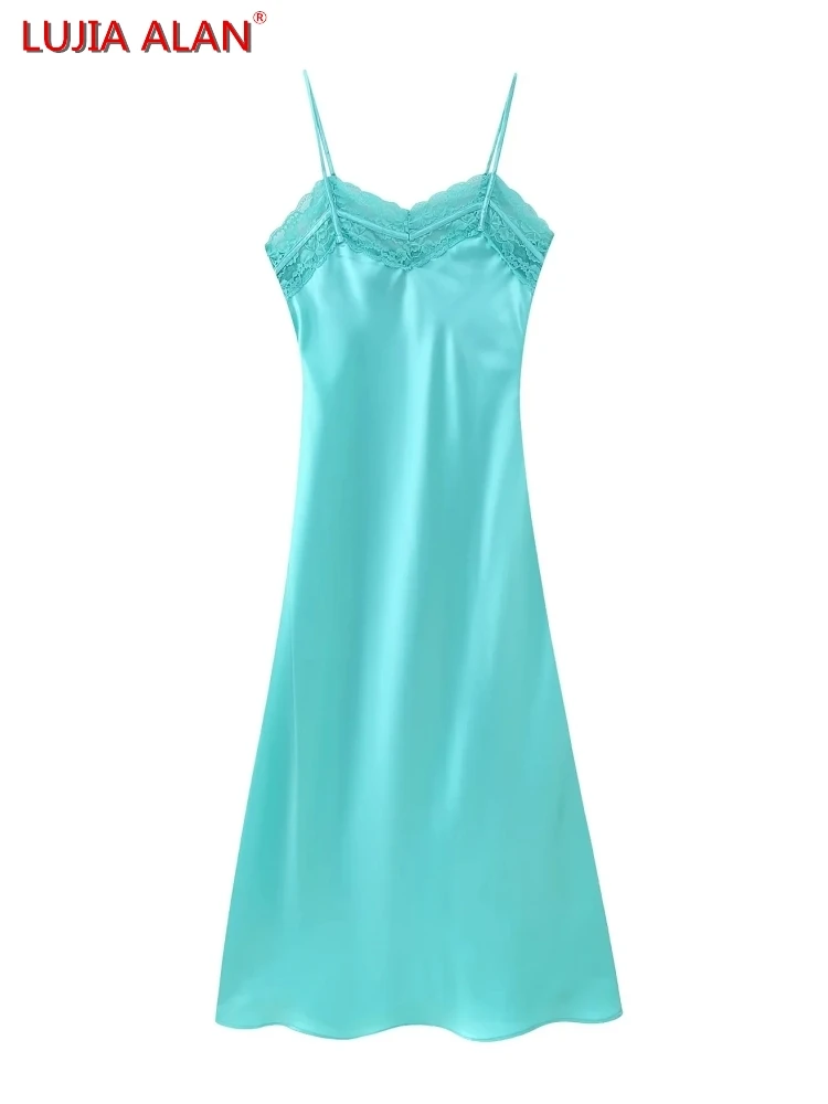 

New Women's Lace Splicing Satin Sling Midi Dress Elegant Female Side Zipper Slim Fit Vestidos LUJIA ALAN WD1727