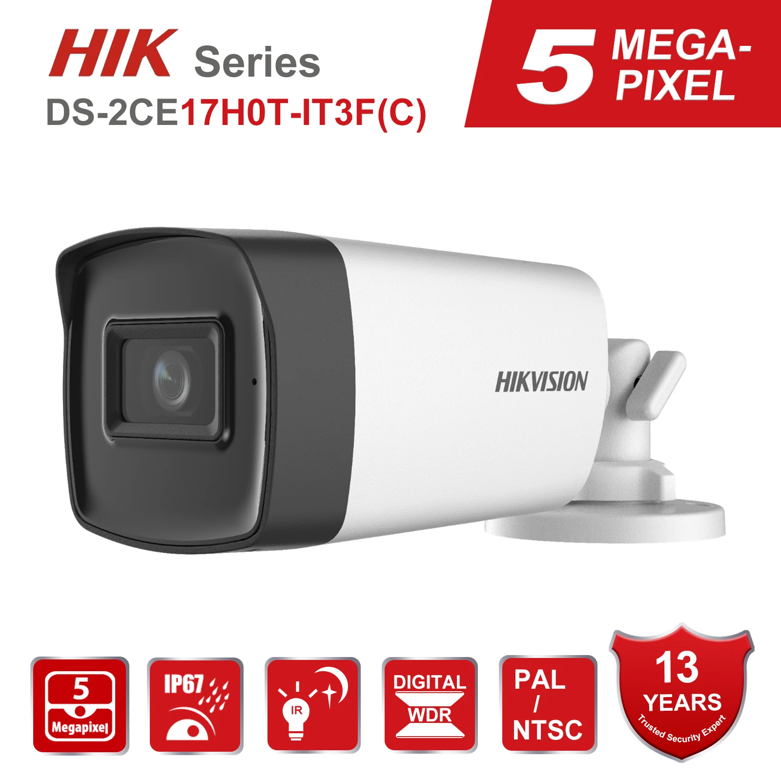 

Hikvision 5MP Analog Fixed Bullet Camera DS-2CE17H0T-IT3F(C) CCTV Surveillance Outdoor 2560*1944 Resolution IP67 Waterproof