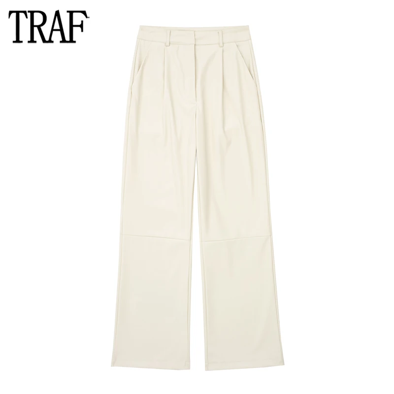 

TRAF Faux Leather Pants for Women High Waist Baggy Pants Woman Beige Pleated Woman Trousers Masculine Straight Leg Women's Pants
