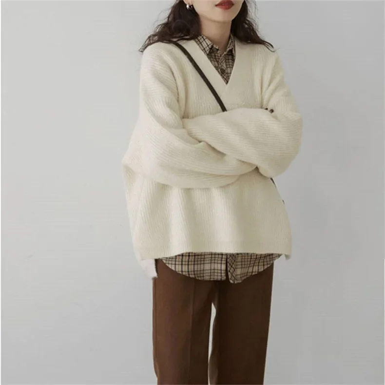 Корейский пуловер с v-образным вырезом в ленивом стиле для женщин осенне-зимний