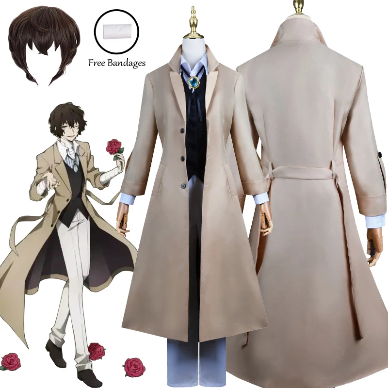 

Anime Dazai Osamu Cosplay Costume Bungo Stray Dogs Cosplay Long Jacket Coat Dazai Osamu Wig Halloween Christmas Costume