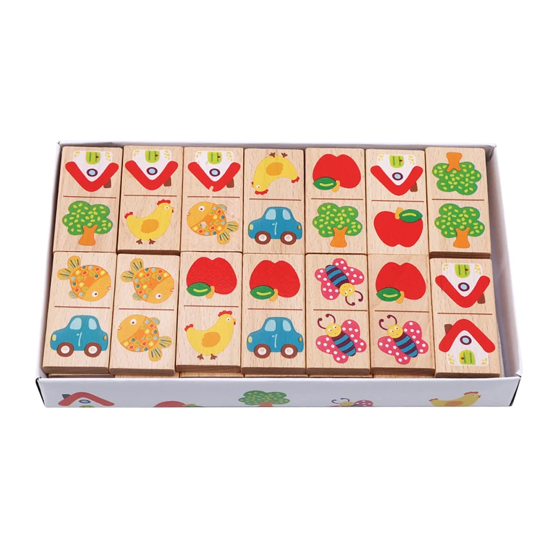 

New Style Wooden Cartoon Fruit Animal Recognize Blocks Dominoes Jigsaw Montessori Children Learning Education Puzzle Toy