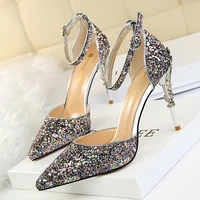 new womens ol professional wedding shoes bride sexy hollow out nightclub slim metal heel shiny sequin one line sandals