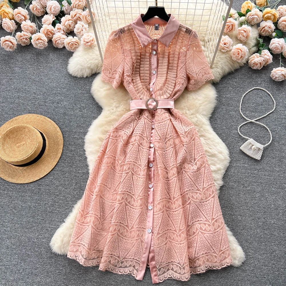 

Clothland Women Elegant Orange Lace Dress Belt Short Sleeve One Piece Single Breased Chic Midi Dresses Vestido QC151