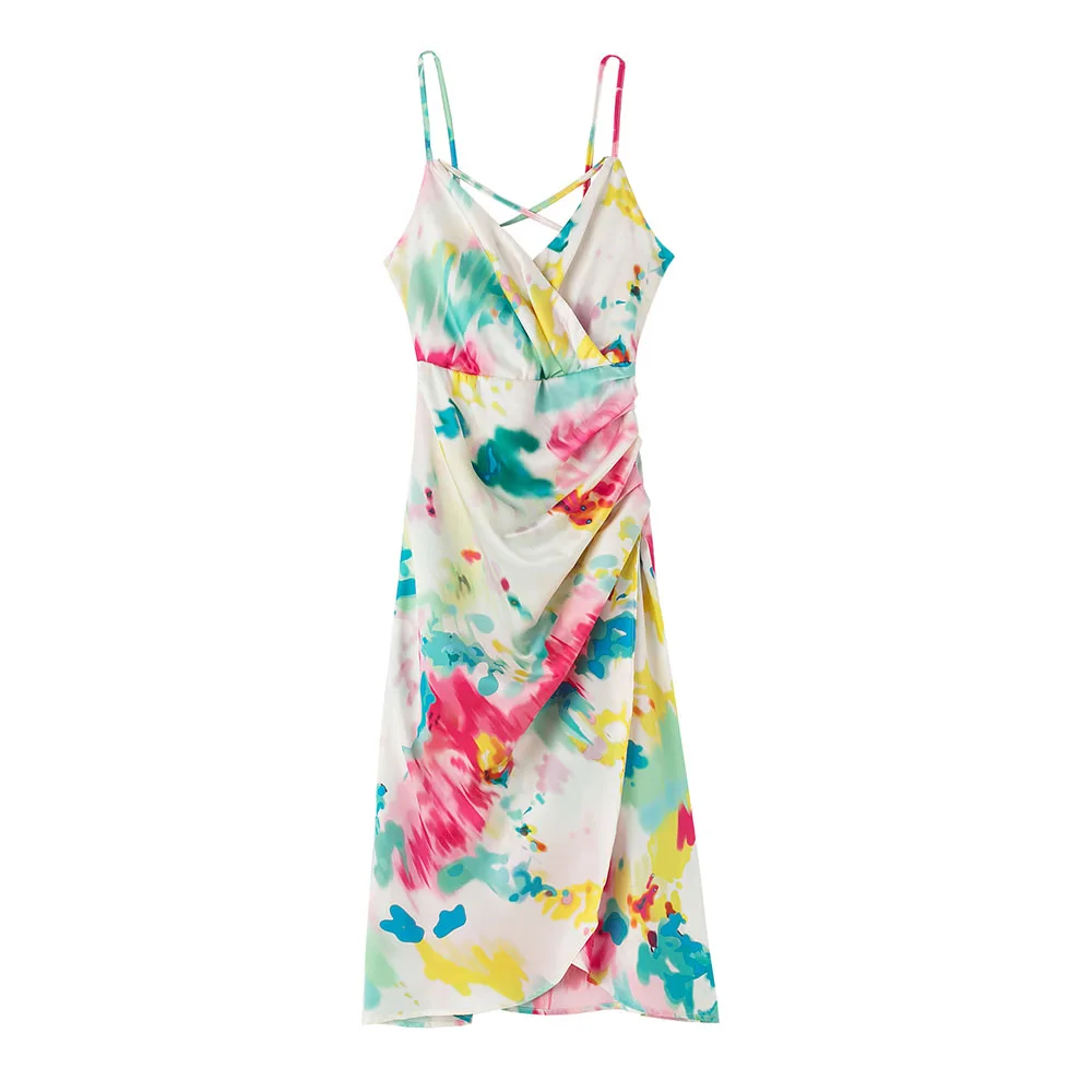 

New Fashion Tie-dye print Elegant Dresses For Lady Sleeveless Midi Skirt Folds Lacing Summer Dress Women 2022