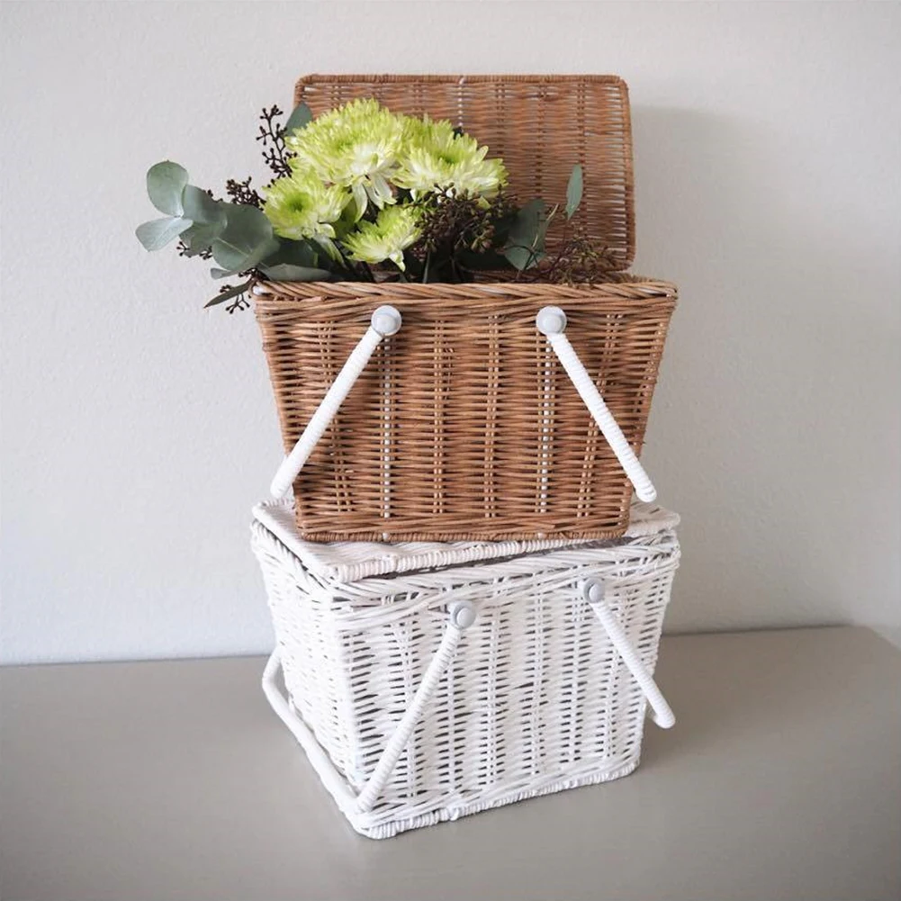 

Rattan Storage Basket Portable Picnic Basket Storage Bag Fruit Bread Organizer Cosmetic Debris Organizer Home Desktop Decoration