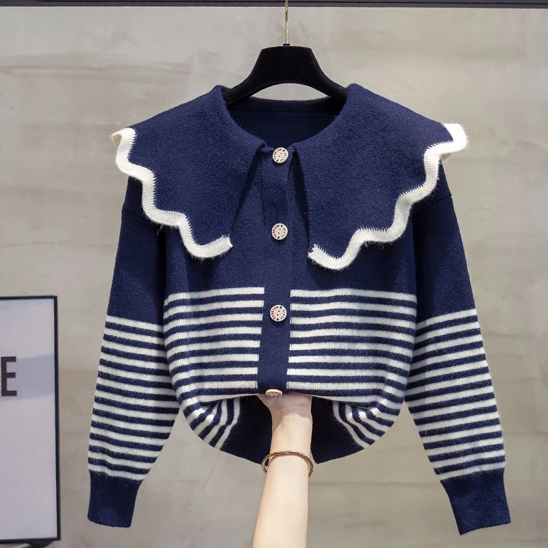 Doll Collar Knit cardigan Women 2023 Spring and Autumn New Korean Sle Loose Outer Wear Top Thickened Striped sweater Outerwear