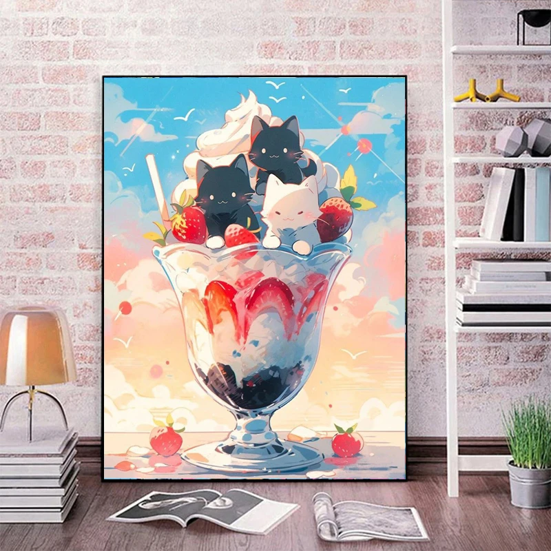 Картина 5D кристаллы алмазы сделай сам с мультяшным котом чашкой для мороженого