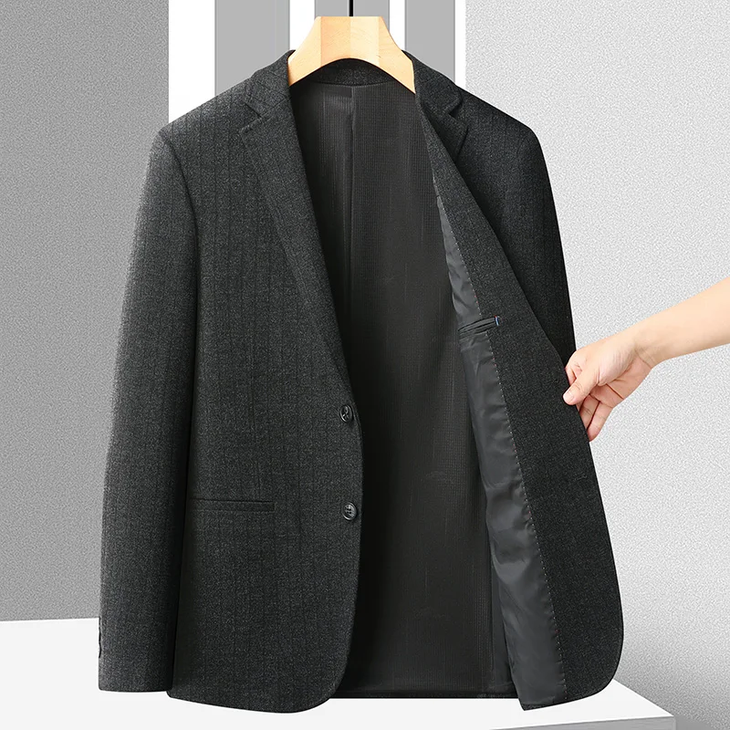 

Spring Autumn Men England Style Blazers Dark Gray Vertical Stripes Shadow Pattern Suit Slim Fit Jacket Male Classical Blazer