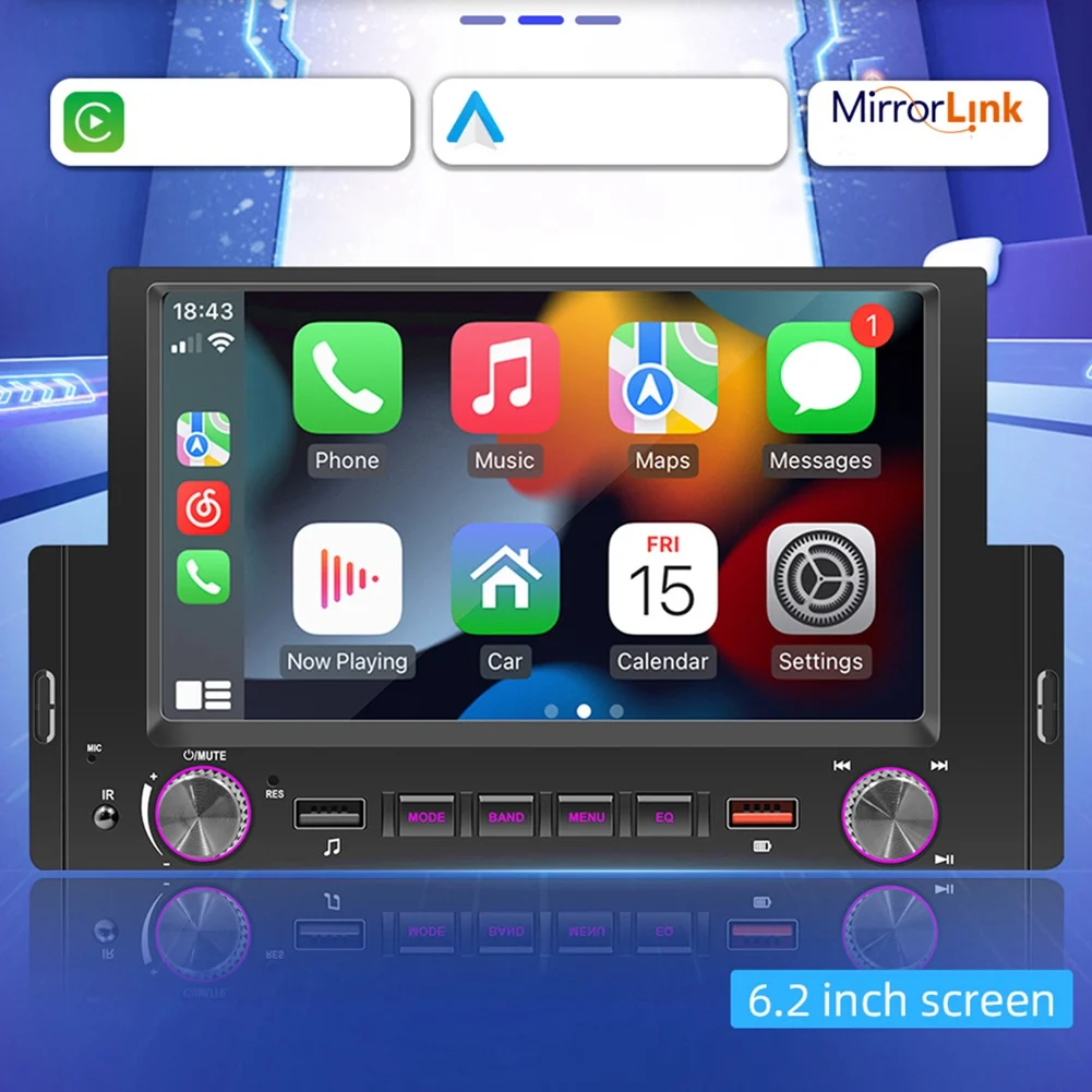 

1Din 6.2Inch Screen CarPlay Android-Auto Radio Car Stereo Bluetooth MP5 Player 2USB FM Receiver Audio System Head Unit A