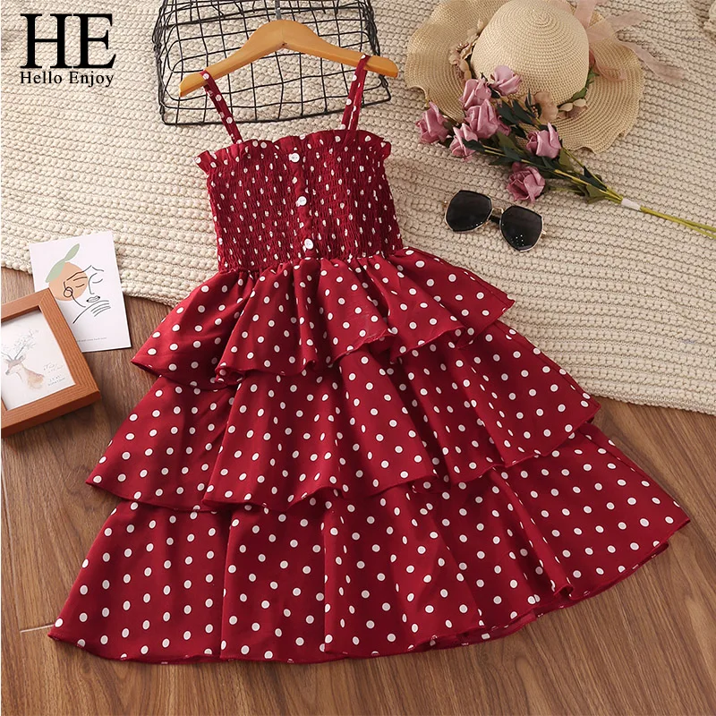

HE Hello Enjoy Kids Girls Princess Dress New Summer Fashion Teenage Girl Sleeveless Dress Party Costume Children Dots Clothing
