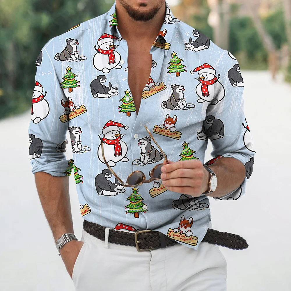 2022 New Men's High Quality Collar Button Shirt Casual Christmas Print Long Sleeve Top Men's Dress Party Cardigan S-6XL