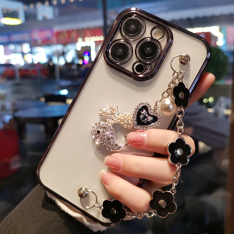 

Для IPhone 13 14 Plus высококачественный прозрачный чехол для Iphone 13 14 Pro Max защитный чехол с маленьким цветочным браслетом