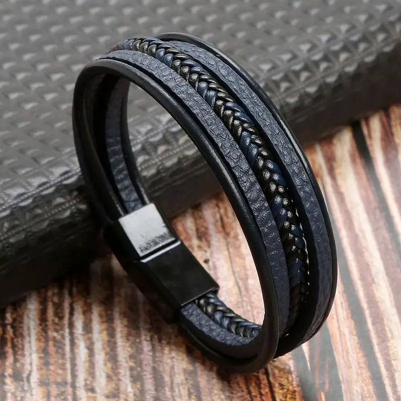 

European and American Men's Bracelet Magnet Buckle Multi-Layers Blue Leather Rope Weaving Stainless Steel Bracelet Jewelry