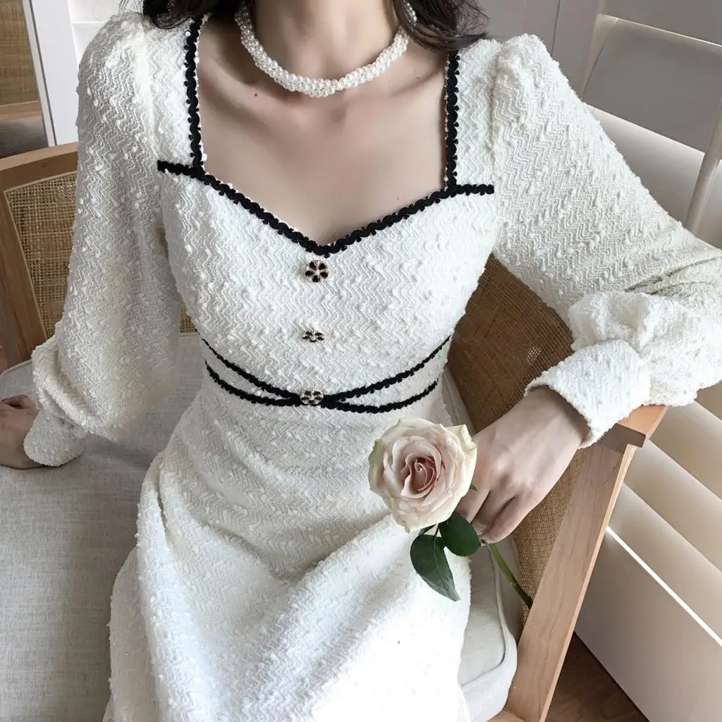 

Elegant Vintage White Midi Dress Women 2022 New Sexy Square Neck Puff Sleeves Party Evening Dress Office Lady Chic Buttons Dress